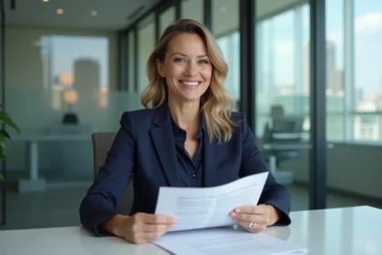 Femme professionnelle en bureau pour location immobiliere