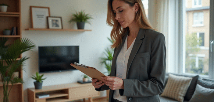 Femme professionnelle examinant un document de location dans un salon moderne