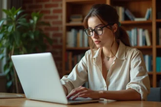 Femme consultant des annonces de location sur un ordinateur portable dans un bureau à domicile
