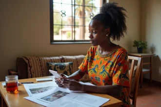Femme sénégalaise comparant des annonces de location d'appartements à Dakar sur smartphone et documents imprimés