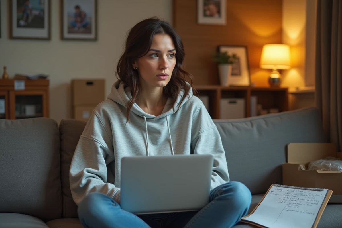 Femme assise sur un canapé avec un ordinateur portable recherchant un logement plus grand sur un site immobilier
