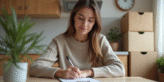 Femme assise remplissant un formulaire de déménagement dans une cuisine