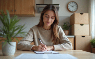 Femme assise remplissant un formulaire de déménagement dans une cuisine