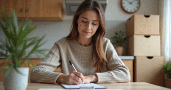 Femme assise remplissant un formulaire de déménagement dans une cuisine