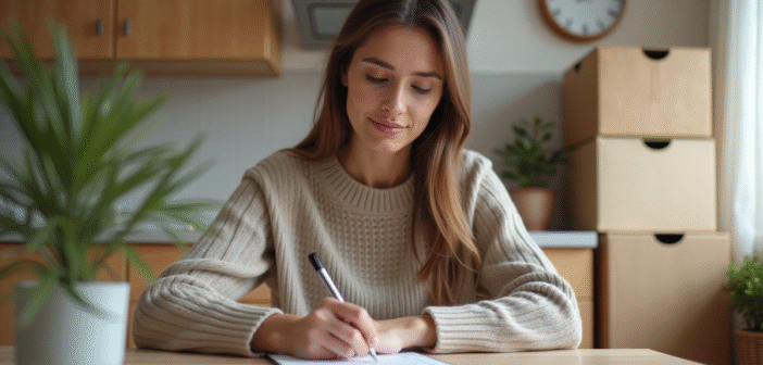 Changement d’adresse : faut-il le faire obligatoirement ? Conseils pratiques Femme assise remplissant un formulaire de déménagement dans une cuisine