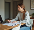 Jeune femme dans son appartement examine des feuilles de revenus locatifs