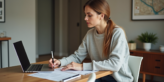 Jeune femme dans son appartement examine des feuilles de revenus locatifs