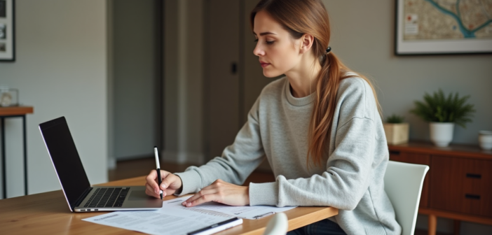 Jeune femme dans son appartement examine des feuilles de revenus locatifs