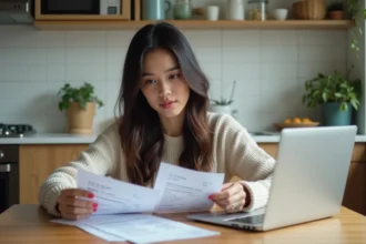 Femme regardant ses fiches de salaire dans la cuisine