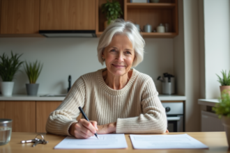 Femme signant un contrat de location dans une cuisine chaleureuse