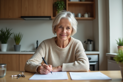 Femme signant un contrat de location dans une cuisine chaleureuse
