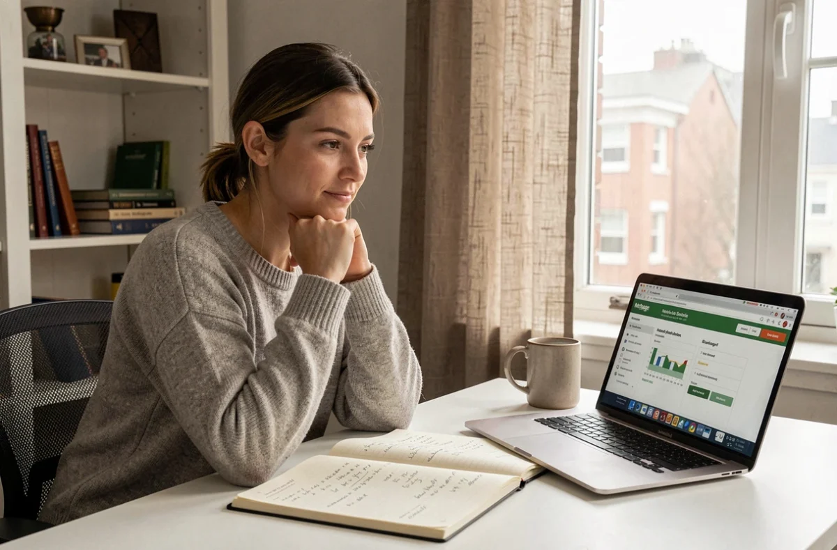 Femme calculant seule le coût total et les mensualités d'un crédit immobilier sur 25 ans depuis son bureau à domicile