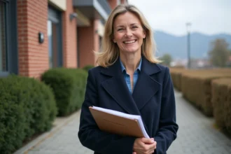 Femme souriante en manteau navy devant immeuble moderne