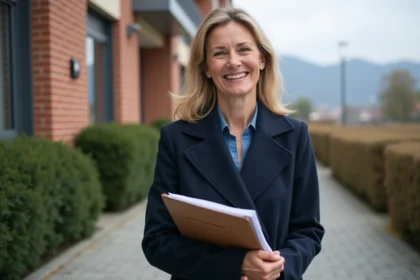 Femme souriante en manteau navy devant immeuble moderne