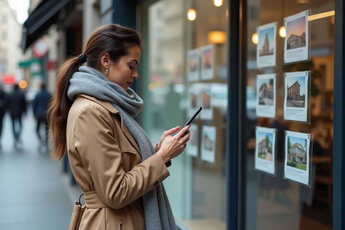 Femme photographie des annonces immobilières devant une agence