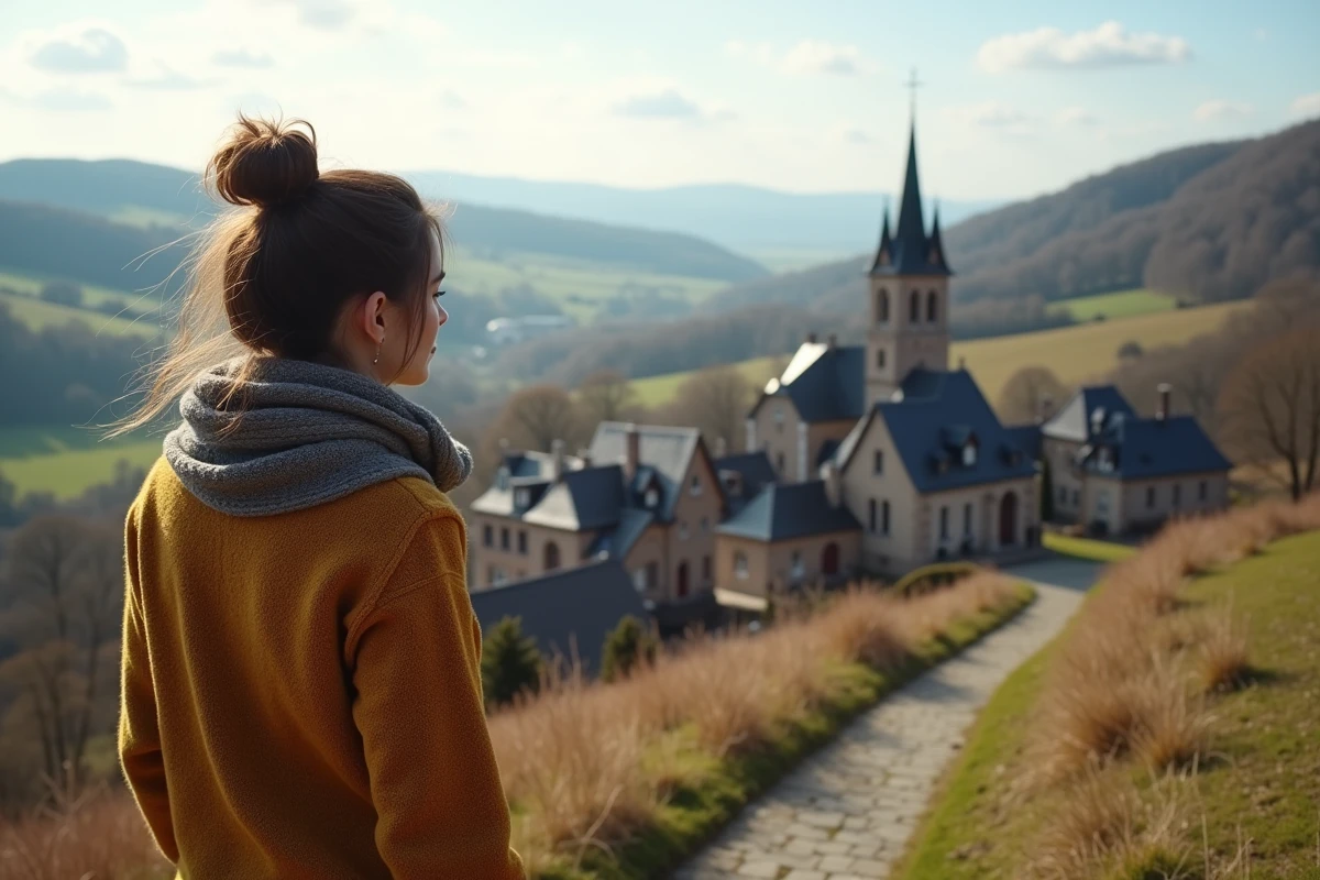 Jeune femme regardant un village en automne dans la région 43