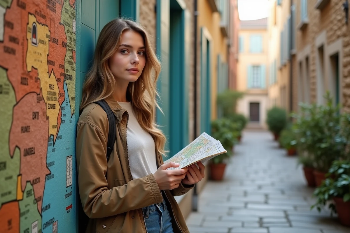 Jeune femme avec carte devant un mural coloré à Mille