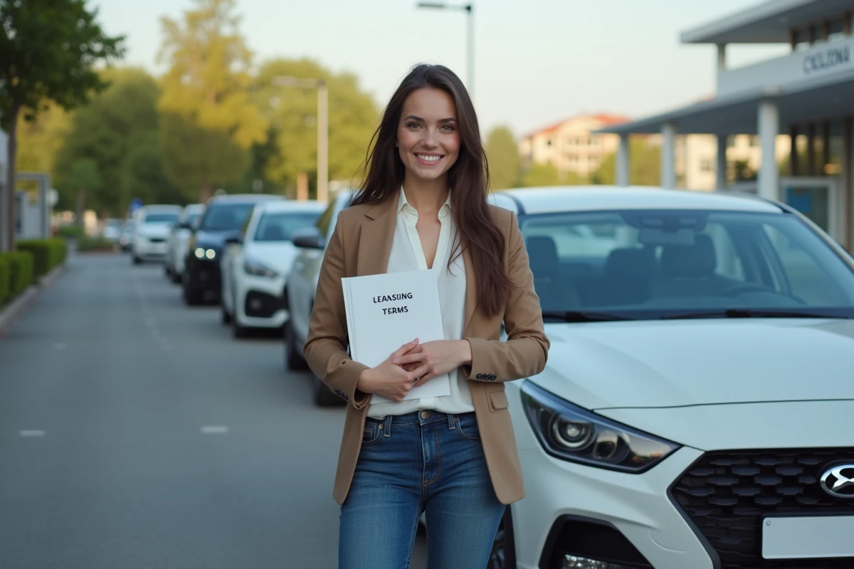 Jeune femme souriante avec voiture de location en extérieur