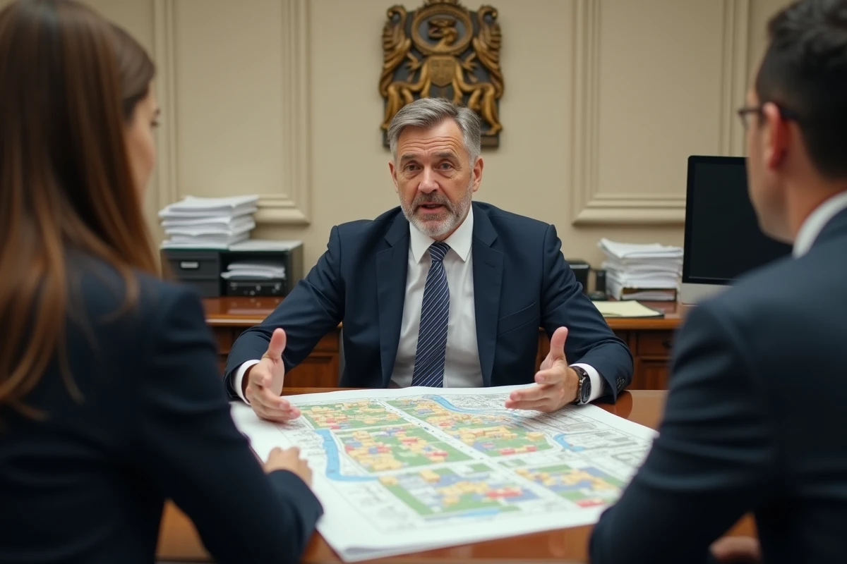 Fonctionnaire municipal présentant un plan de zonage urbain à des propriétaires lors d'une consultation en mairie