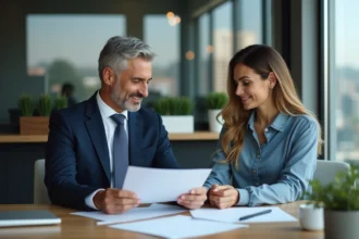 Courtier aidant un client à choisir un prêt immobilier