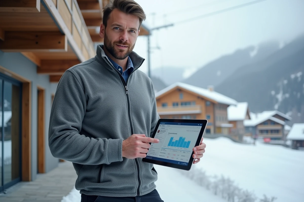 Gestionnaire immobilier consultant un tableau de bord de gestion locative devant un immeuble de ski aux Menuires