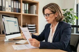 Gestionnaire de copropriété en train de consulter un registre des copropriétaires imprimé dans un bureau moderne