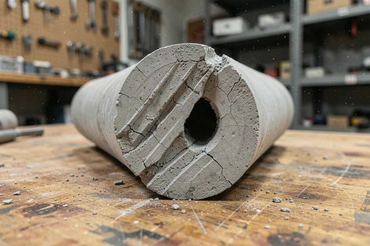 Gros plan sur une section de tuyau en fibrociment coupé révélant la texture et la composition du matériau