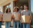 Groupe d'amis souriants aidant à déménager avec des cartons