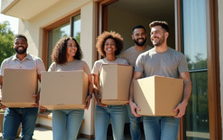 Groupe d'amis souriants aidant à déménager avec des cartons