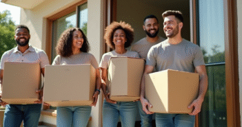 Groupe d'amis souriants aidant à déménager avec des cartons