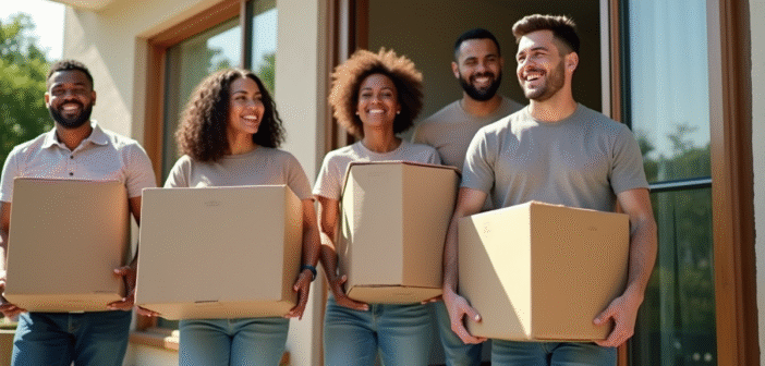 Groupe d'amis souriants aidant à déménager avec des cartons