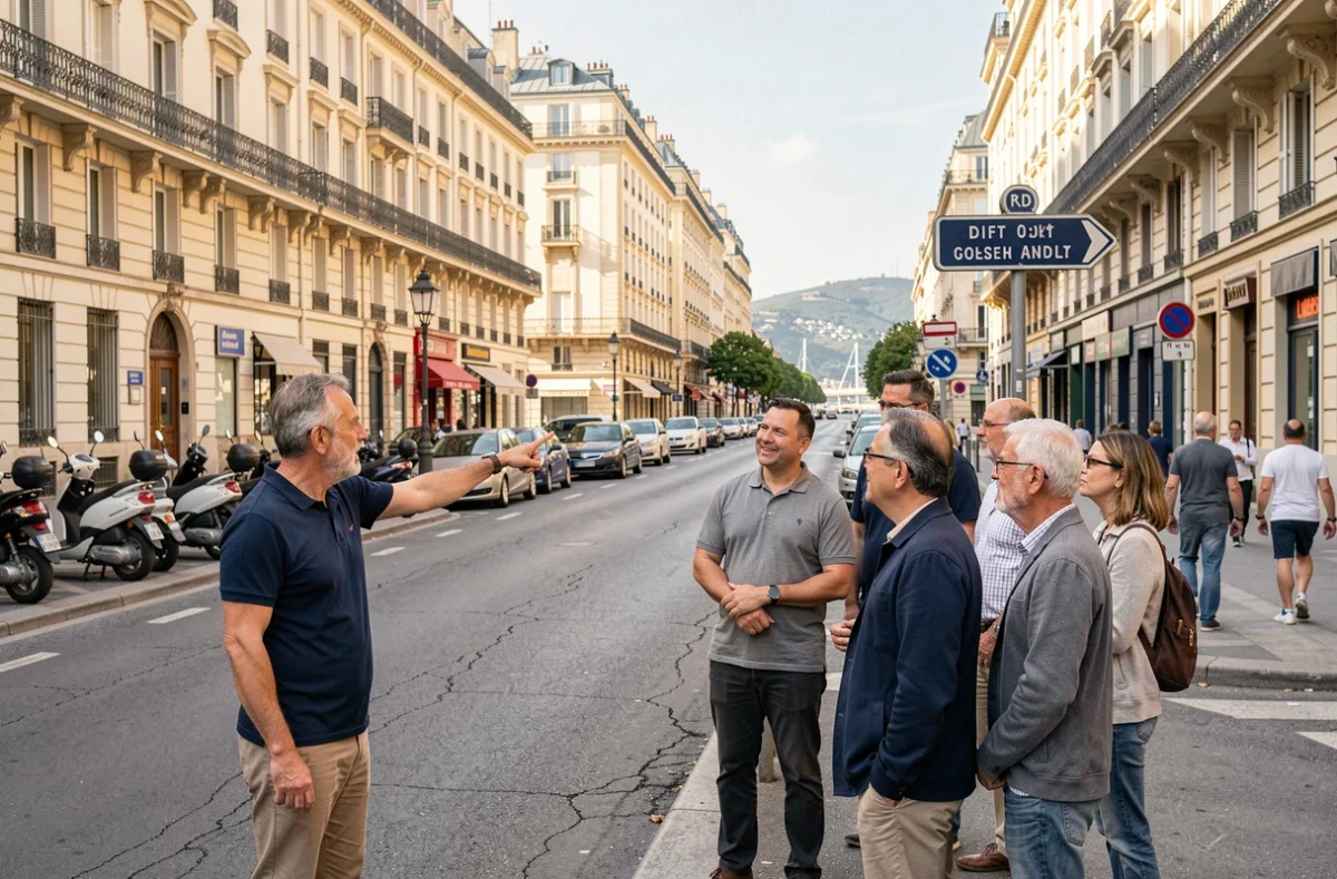 Guide touristique expliquant les zones à éviter à Marseille à un groupe de visiteurs dans la rue