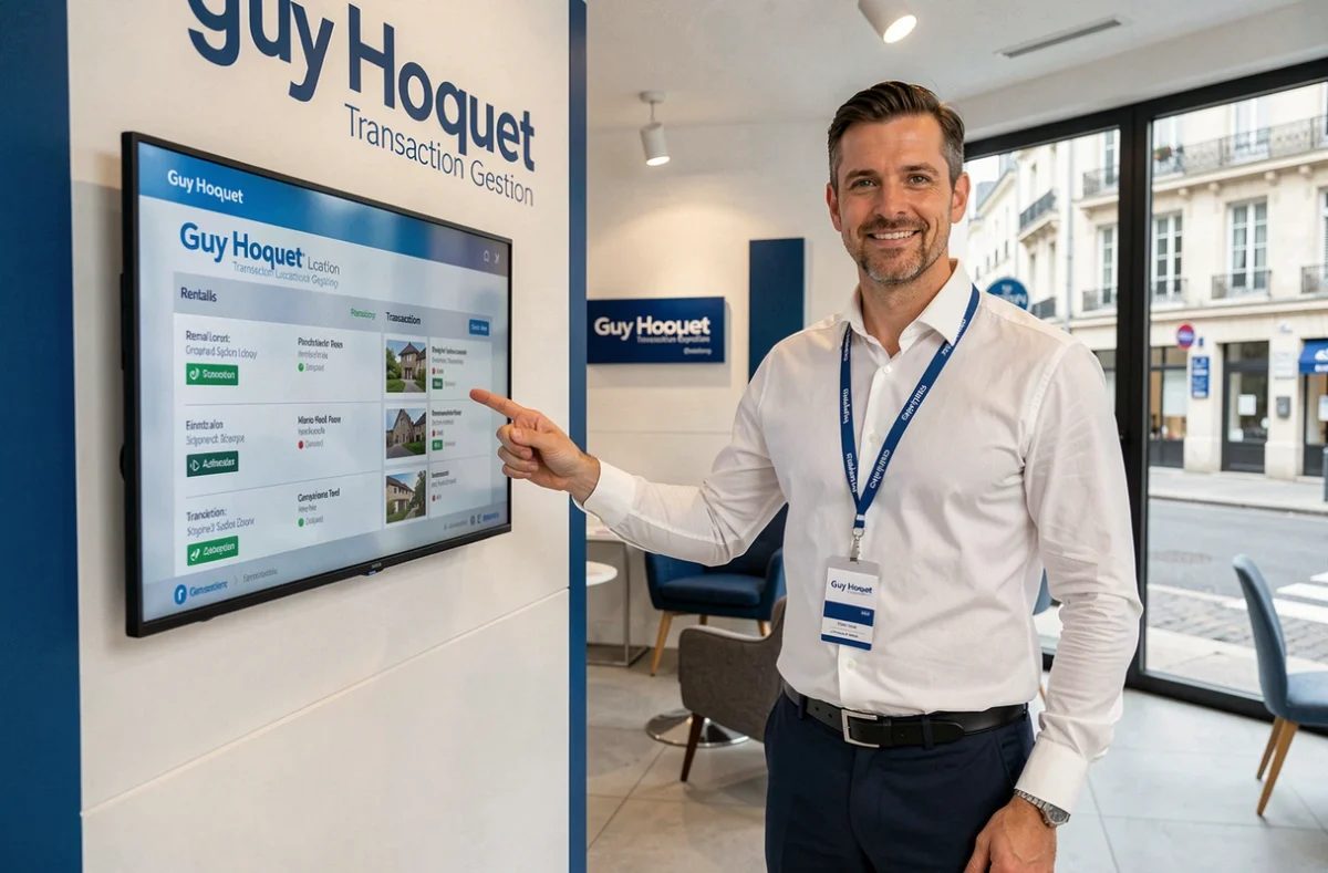 Agent Guy Hoquet Transaction Location Gestion présentant des biens immobiliers sur un écran numérique en agence