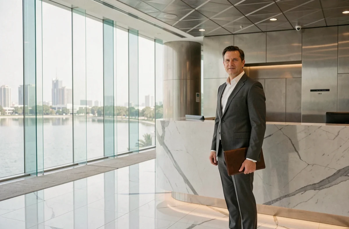 Intérieur du hall d'entrée luxueux de la tour Almas JLT avec un homme d'affaires près de la réception en marbre blanc