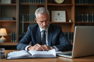 Homme d'affaires en costume examine des documents dans un bureau moderne