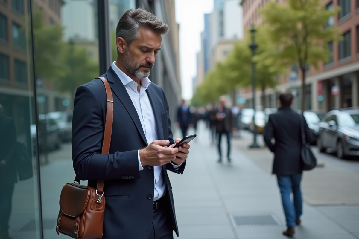 Homme d'affaires consultant ses dossiers clients sur mobile en extérieur dans un environnement urbain