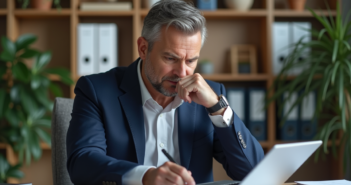 Homme d'affaires en costume bleu dans un bureau moderne