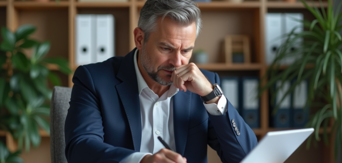 Homme d'affaires en costume bleu dans un bureau moderne