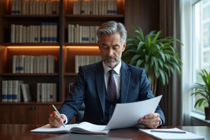 Homme d'affaires en costume navy dans un bureau professionnel