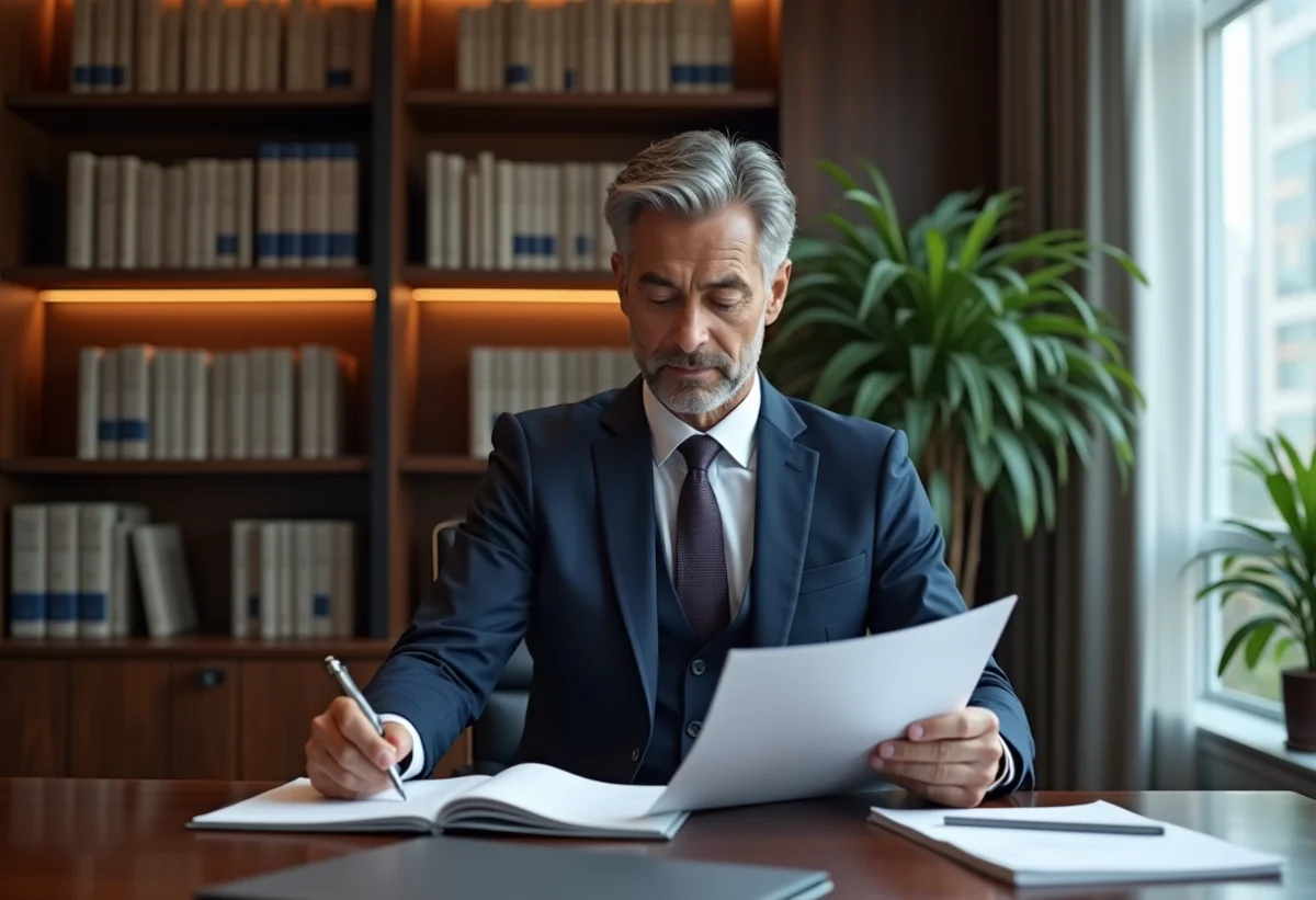 Homme d'affaires en costume navy dans un bureau professionnel