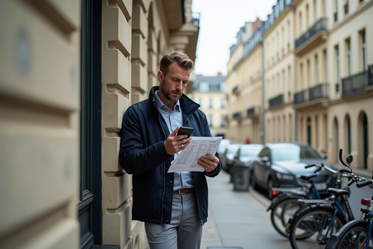 Homme consultant des annonces immobilières devant un immeuble en ville avec son smartphone