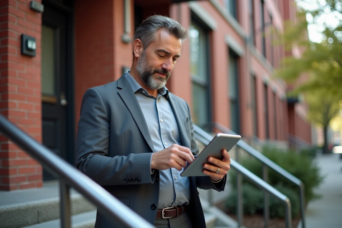 Homme d affaires examine un tablet devant immeuble renové