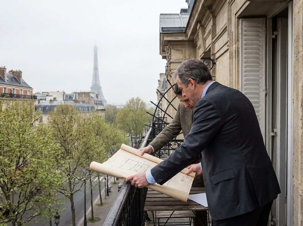 Homme d architecture examine des plans avec vue sur Paris