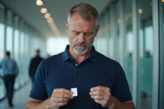 Homme tenant un badge d'accès RFID entre ses doigts dans un couloir de bureau moderne, examinant la carte de contrôle d'accès avec une expression préoccupée