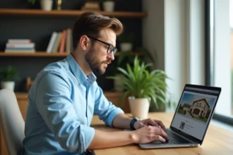 Homme en tenue décontractée utilisant un ordinateur pour la recherche immobilière