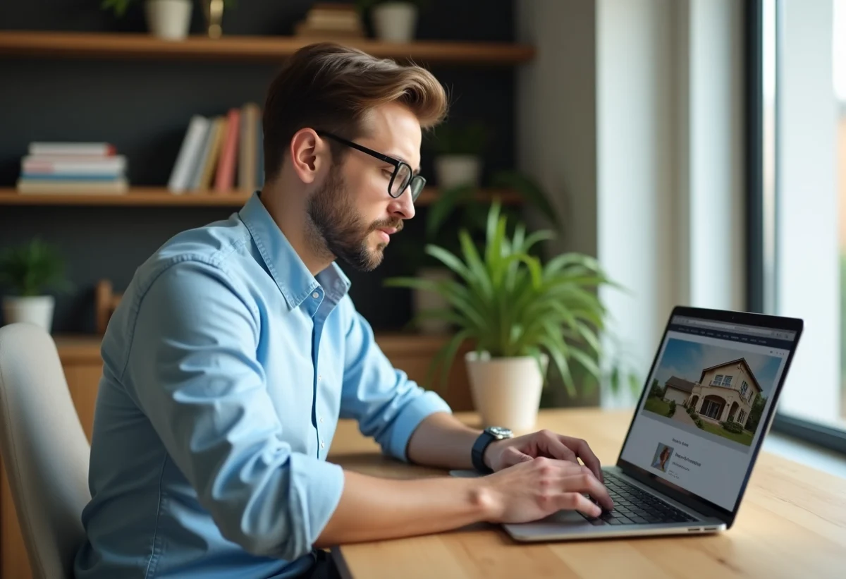 Homme en tenue décontractée utilisant un ordinateur pour la recherche immobilière