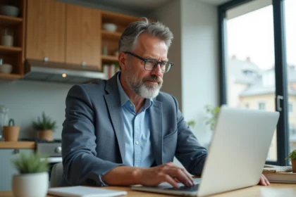 Homme d'âge moyen travaillant à la maison dans une cuisine moderne