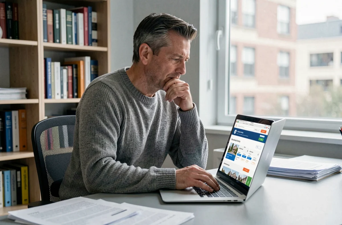 Homme comparant des offres d'assurance habitation sur ordinateur portable pour résilier avec la loi Hamon