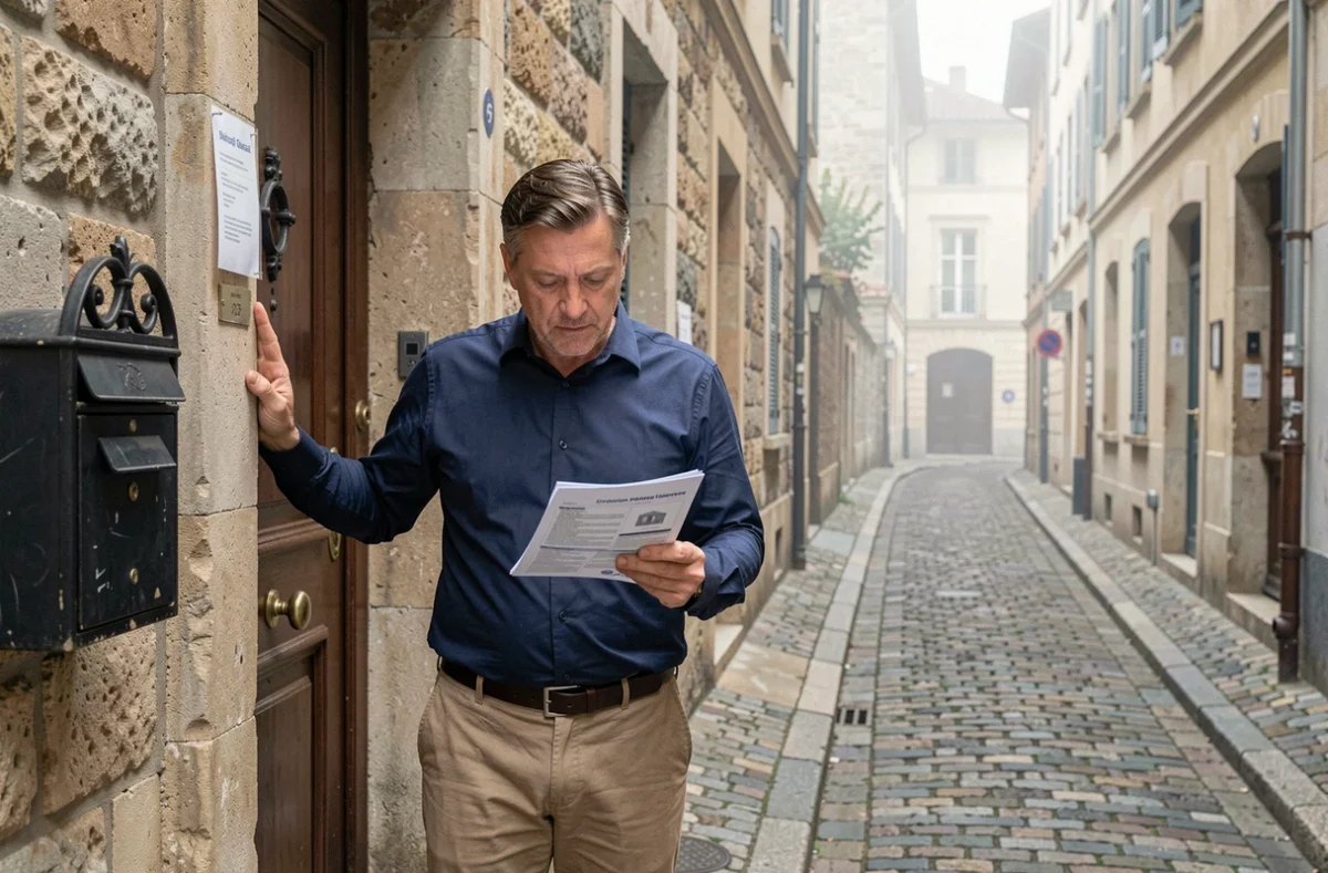 Homme consultant son contrat d'assurance habitation devant un immeuble ancien du quartier Croix-Rousse à Lyon