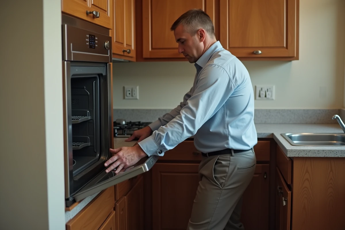 Homme retirant un ancien four encastré dans une cuisine traditionnelle